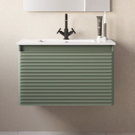 Meuble de salle de bain 80cm simple vasque - 2 tiroirs - sans miroir - vert - SUZA (1/5)