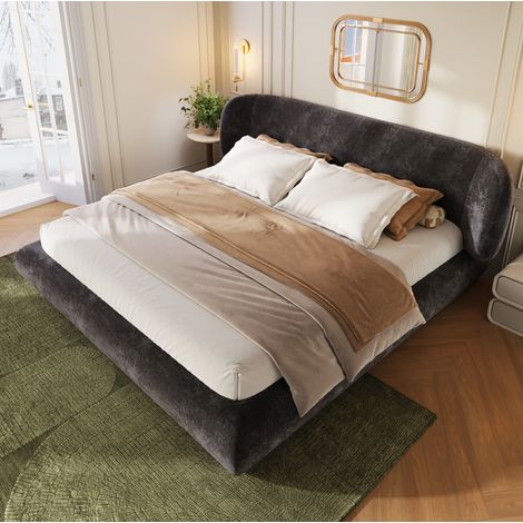 Lit double coffre 200x200 cm bouclé blanc avec sommier à lattes - sans matelas - CHICFURN (1/5)