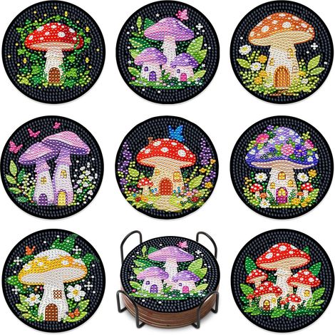 Lot de 8 sous-verres en diamant en forme de champignon pour bureau, maison et cuisine, sous-verres avec peinture diamant (1/5)