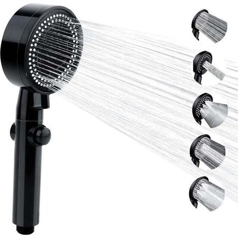 Cabezal de ducha de alta presión y ahorro de agua, cabezal de ducha de baño ajustable con 6 modos, cabezal de ducha antical con apagado automático, fácil de instalar (Negro-A) (1/4)