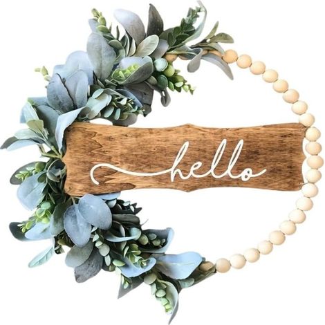 Couronne feuilles eucalyptus 30 cm – Logo Hello, perles bois – Toutes saisons – Linteau porte, jardin, fenêtre (1/5)