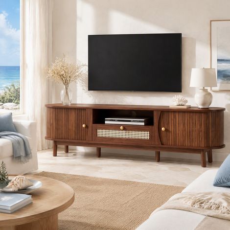 Mueble TV con puertas y cajones, efecto ratán, 165 x 37 x 46 cm, MDF, color nogal DESVIAE (1/5)