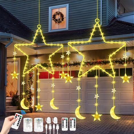 Juego de 2 luces navideñas en forma de estrella para ventana - Luces LED navideñas para ventana - Estrella - Decoración para ventana - Con 8 modos de parpadeo y control remoto - Funciona con pilas y U (1/5)