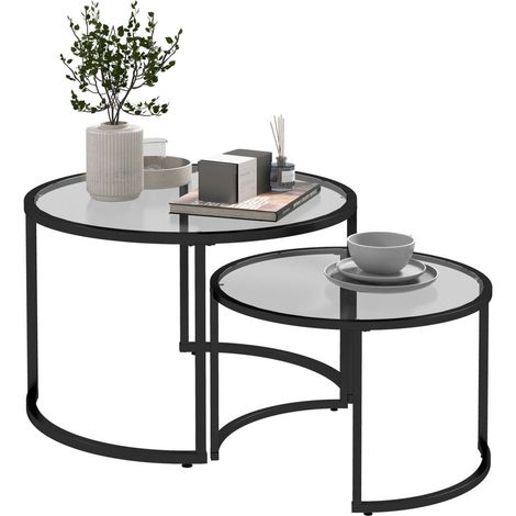 Ensemble de 2 tables basses, table d'appoint avec cadre en acier noir, table de canapé, table basse avec plateau en verre trempé (1/4)