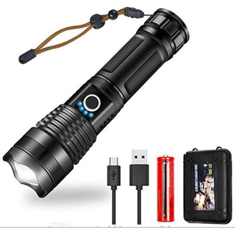 Lampe Torche LED - 10000 Lumen - Batterie 26650 5000 mAh Rechargeable - Zoom Télescopique - 5 Modes Éclairage - Étanchéité IPX4 - Pour Camping Urgence Extérieur (1/5)