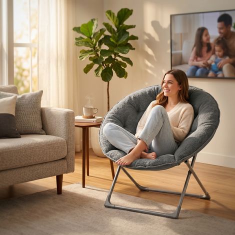 AS EASY Chaise de jardin pliable en laine, chaise lune portable pliable moelleuse, pour chambre à coucher, résidences universitaires, appartements, espaces de détente, jardins et cours, gris