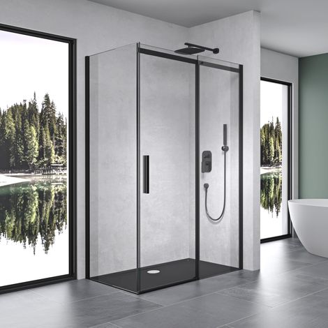 Mai & Mai Box Doccia Angolare 90x140x195cm, Cabina Doccia con Piatto Doccia Nero, Vetro ESG Trasparente Porta Scorrevole con Rivestimento Easy-Clean, Apertura Sinistra/Destra Ravenna18K
