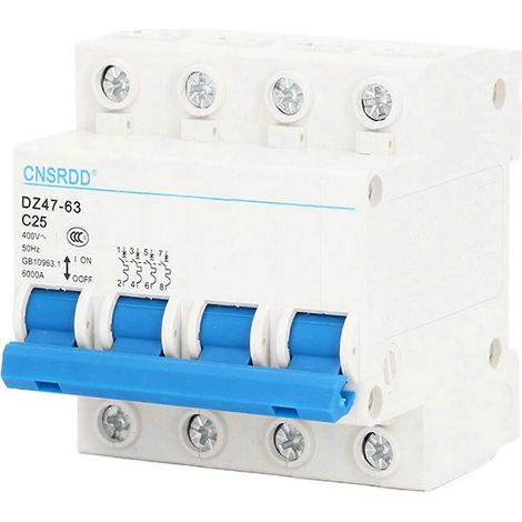 Disjoncteur miniature (4 pôles) avec dispositif différentiel résiduel pour montage sur rail DIN, 400 V CA, 25 A