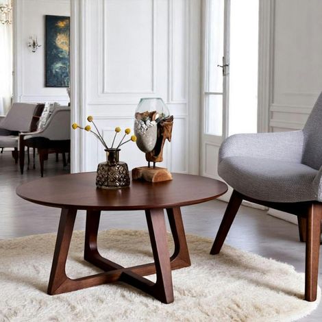 Table basse ronde style vintage - pieds croisés, finition noyer LILLEHAMMER (1/5)
