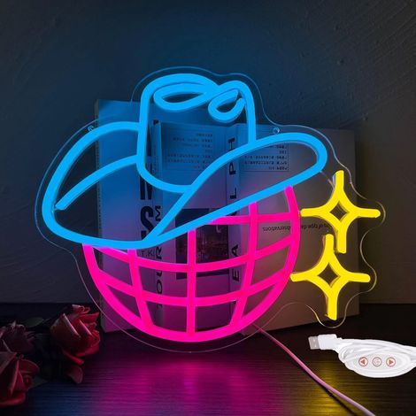 Panneau lumineux néon avec logo de chapeau de cowboy, décoration murale en acrylique, alimenté par USB, idéal pour une chambre, une fête ou Noël. (1/5)