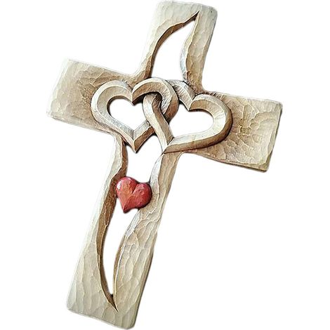 Croix en bois sculptée avec cœurs entrelacés creux, décoration murale pour couple et famille, neuve (1/4)