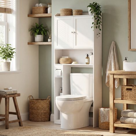 Armoire de Salle de Bain, Rangement WC avec Étagères Réglables, Gain de Place, Moderne, pour Buanderie, Blanc (1/5)