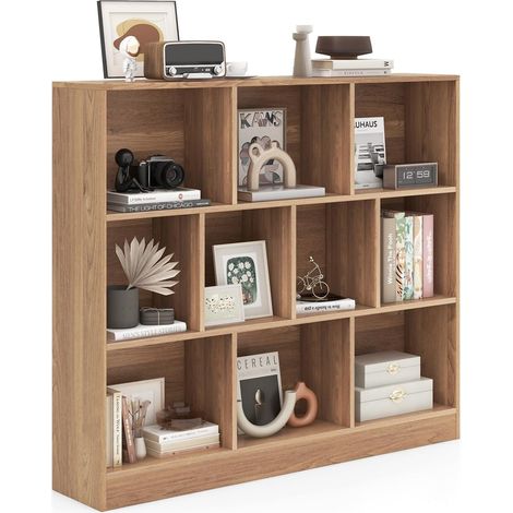 GOPLUS Bibliothèque, Meuble Rangement Enfant avec 10 Cubes Ouvertes, Étagère Rangement à 3 Niveaux pour Livres Jouets, Meuble Cube pour Salon/Chambre, 120x24x104CM (Naturel)