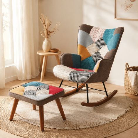 Fauteuil à bascule 69,5 x 50 x 88,5 cm multicolore, structure bois et fer avec repose-pieds - CHICFURN (1/5)