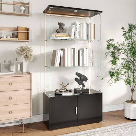 ADWOLT - Vitrine en verre - Vitrine de salon- Armoire de Collection Moderne - Bande lumineuse LED- Noir -78.5 x 35 x 164 cm