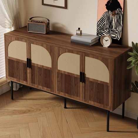Aparador con 4 Puertas, Bisagras Amortiguadas y Patas de Acero, Estilo Retro Moderno, en MDF, 140×40×80 cm, Natural (1/5)