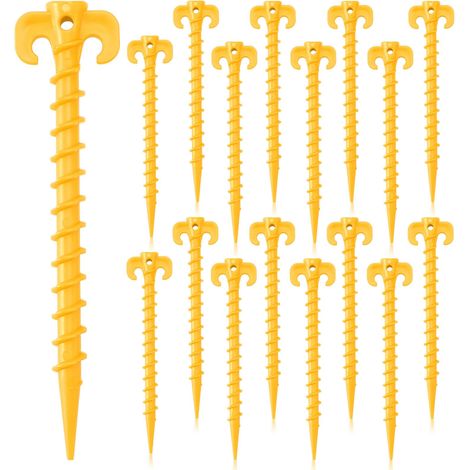 Lot de 16 piquets de tente robustes en plastique de 19 cm (7,5 pouces) - Ancrages à visser en spirale jaune, piquets de plage, piquets de tente et de tonnelle pour structures gonflables, camping, rand (1/5)