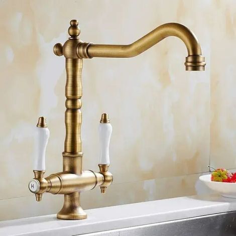 Robinet Mitigeur Cuisine Vintage Robinet de Lavabo Rétro 2 Poignées Réglable Chaude et Froide Rotatif 360° Bronze (1/4)