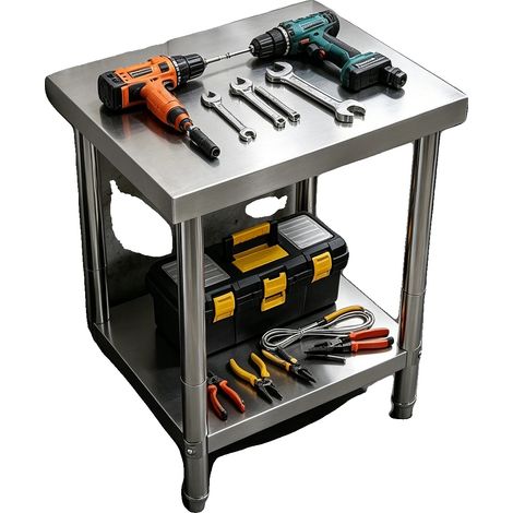 Mesa de trabajo de acero inoxidable, acero 201, 60 x 60 x 80 cm, capacidad de carga de 400 kg, diseño de 2 niveles, patas ajustables de 1 cm. (1/5)