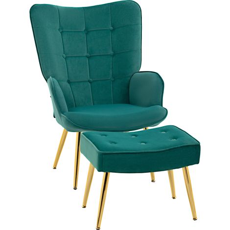 Modern Armchair with Footstool, Upholstered Accent Chair with Ottoman, Steel Legs, Velvet Wingback Chair for Living Room, Bedroom, Home Study, Dark Green