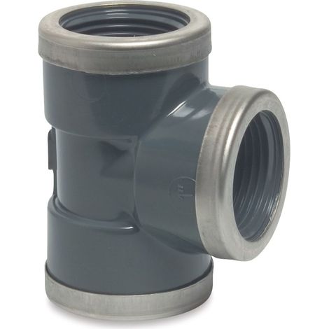 Profec T-Stück verstärkt PVC-U allseitig Innengewinde 3/4 x 1/2 x 3/4 Zoll, 10 bar, grau