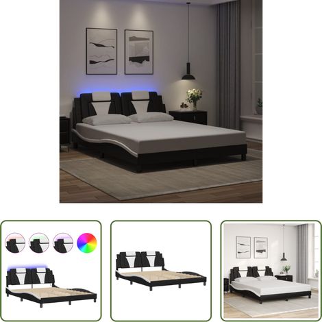 vidaXL Coussin de tête de lit - Cadre de lit Viana avec LED sans matelas noir et blanc 160x200 cm (1/5)