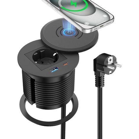 Bloc multiprise encastrable avec Charge sans Fil 15 W et USB-C PD30W, Prise escamotable pour Plan de Travail de Cuisine, Câble 2 m, Ø80 mm, Noire (1/5)