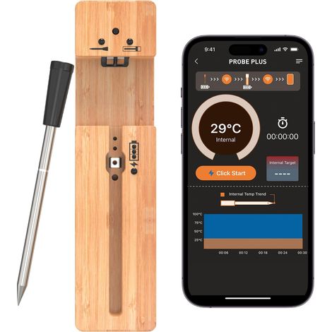 Kabelloses digitales Fleischthermometer mit bis zu 100 m Reichweite, intelligentes Bluetooth-Küchenthermometer, Grillthermometer mit App-Steuerung, Keramikgriff, für Grill und Backofen