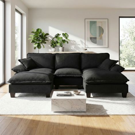 Canapé d'angle modulable / Canapé en U (Motif voilier) — Comprend 2 pieds amovibles et 2 coussins décoratifs moelleux. Revêtement en chenille confortable  idéal pour les salons et les appartements – N (1/4)