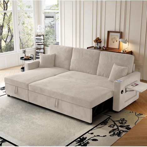 Divano angolare letto modulare in velluto a coste (panno) con vano portaoggetti lato destro, vassoio, portabicchieri e tasca laterale, beige (1/5)