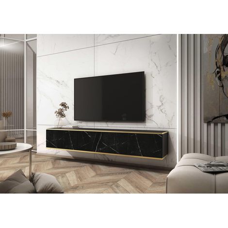 AX LIVING Wohnzimmer Lowboard Orkis Marmor 175 cm Schwarz