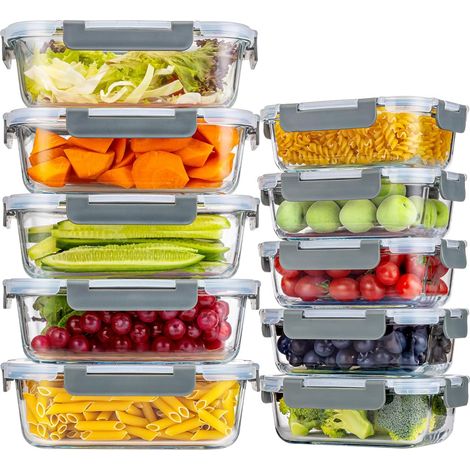 Lot de 20 pièces (10 ensembles) de boîtes de conservation en verre avec couvercles hermétiques à verrouillage - Boîtes à repas et boîtes à lunch étanches, adaptées au four, au micro-ondes, au (1/5)