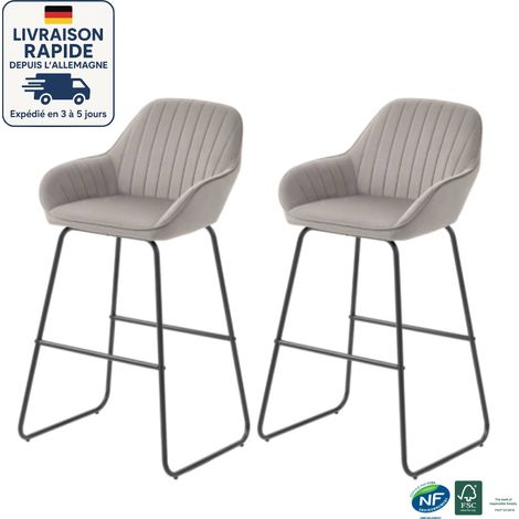 Modfu – Lot de 2 tabourets de bar en velours gris – Accoudoirs rembourrés – Pieds en métal laqué – Confort optimal – Dimensions 50,5L x 53l x 96H cm (1/5)