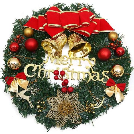 corona navideña de 30 cm, de pino artificial, con adornos brillantes y lazos, ideal para decorar paredes y puertas. (1/5)