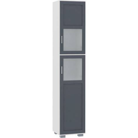 Meuble-lavabo haut, armoire sur colonne avec deux portes en verre trempé et étagères réglables, dimensions : 37 x 35 x 190 cm, blanc et gris.
