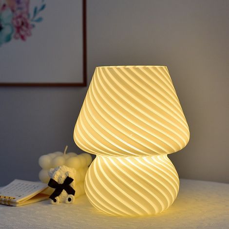 Pilzförmige USB-Nachttischlampe, kleine Tischlampe mit 3-farbiger LED-Lampe, dimmbares Nachtlicht für Schlaf-/Wohnzimmer (weiß gestreift)