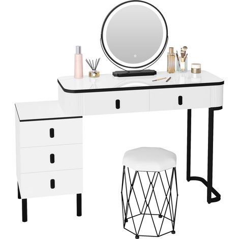 WOLTU Postazione Trucco+Sgabello, Toeletta con con 5 Cassetti, con Luci Dimmerabili, Specchio Ampio, per Camera da Letto, Stile Moderno, Bianco+Nero (1/5)