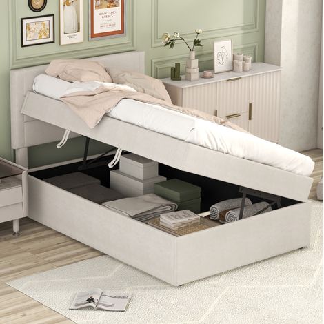 Bett Einzelbett Stauraum 90x200 Leinen Beige OKMYHOME (1/5)