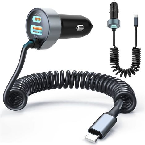 Chargeur de voiture à charge rapide USB-C pour iPhone 16, avec câble USB-C spiralé de 1,5 m et puissance de 65 W, adaptateur pour téléphone - AquaForge