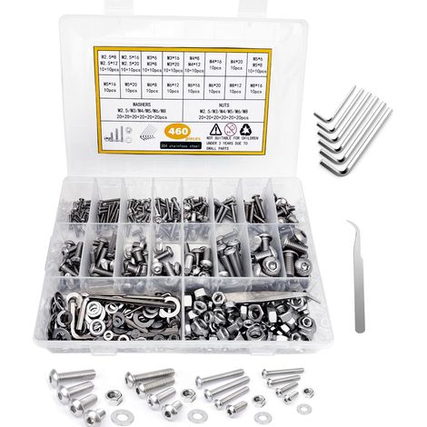 Jeu de Vis Boulons et Écrous, Vis et Ecrou M2,5 M3 M4 M5 M6 M8 460PCS Kit, Vis Boulon et Écrous et Rondelles Set, Ensemble de Vis à Tête Hexagonale Extérieure 304, avec Clé, Pince (1/5)