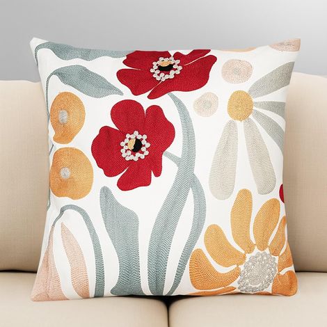 Funda de cojín decorativa de algodón y lino, estampado floral, cuadrada, para dormitorio, sofá, estilo rústico, estética, 45 x 45 cm (flor roja) (1/5)