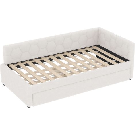 Lit simple 90x200 cm velours blanc avec led, tiroir gigogne, usb et usb-c, sans matelas