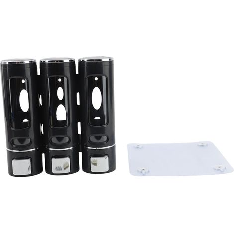Dispenser di sapone a parete, senza foratura, di grande capacità, con 3 scomparti per bagnoschiuma, shampoo, balsamo e detersivo per bucato, colore nero. (1/2)