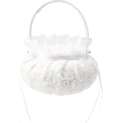 Romantischer Korb aus Jute und Satin mit Schleife für Hochzeitsfeier und Rosen, ideal für Blumenmädchen.