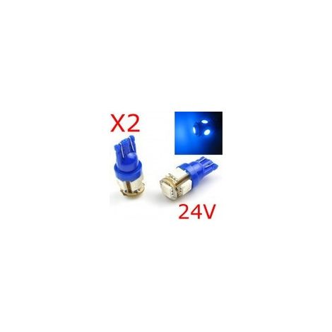 2 x T10 W5W 24V - 5 LEDS SMD BLEU - Ampoule de signalisation camion 24 Volts - Feux de gabarit (1/2)