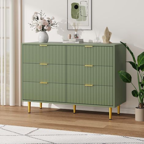 Commode 6 Tiroirs Moderne Vert Avocat, Meuble de Rangement avec Façade Ondulée et Pieds Dorés, pour Chambre Salon, 100x40x75 cm (1/5)