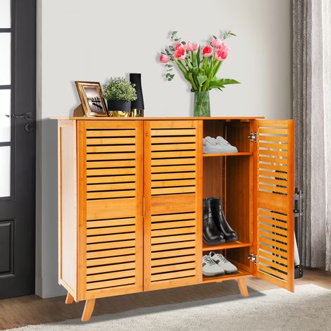 Meuble à chaussures en bambou, meuble à chaussures à 5 étagères avec portes, 96x33x90cm, étagère à chaussures sur pied, rangement pour chaussures d'entrée, pour l'entrée, le couloir ou le salon (1/5)