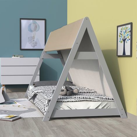 Le Quai Des Affaires – Lit cabane TIPI 90x190 – Structure en épicéa – Toit en toile polyester beige – Sommier à 12 lattes – Hauteur 131 cm – Gris