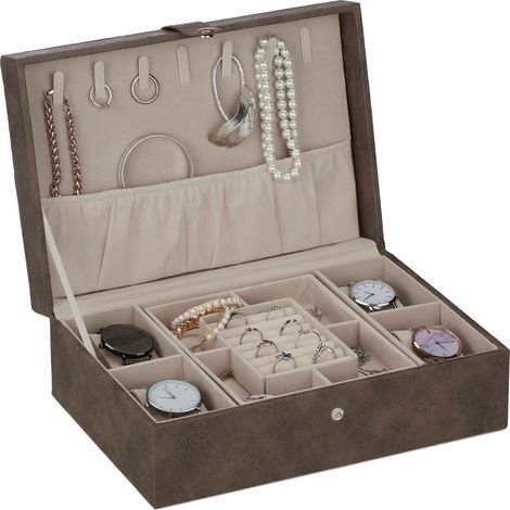 Relaxdays Joyero, Caja para Joyas Diseño Piel, Terciopelo Organizador Joyería Hombre y Mujer, 5 x 25,5 x 18,5 cm, Marrón