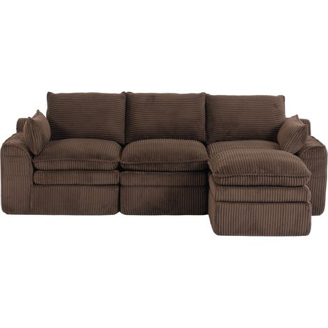 Canapé modulable 3 places en velours côtelé marron avec pouf et coussins, espace de rangement latéral (1/5)